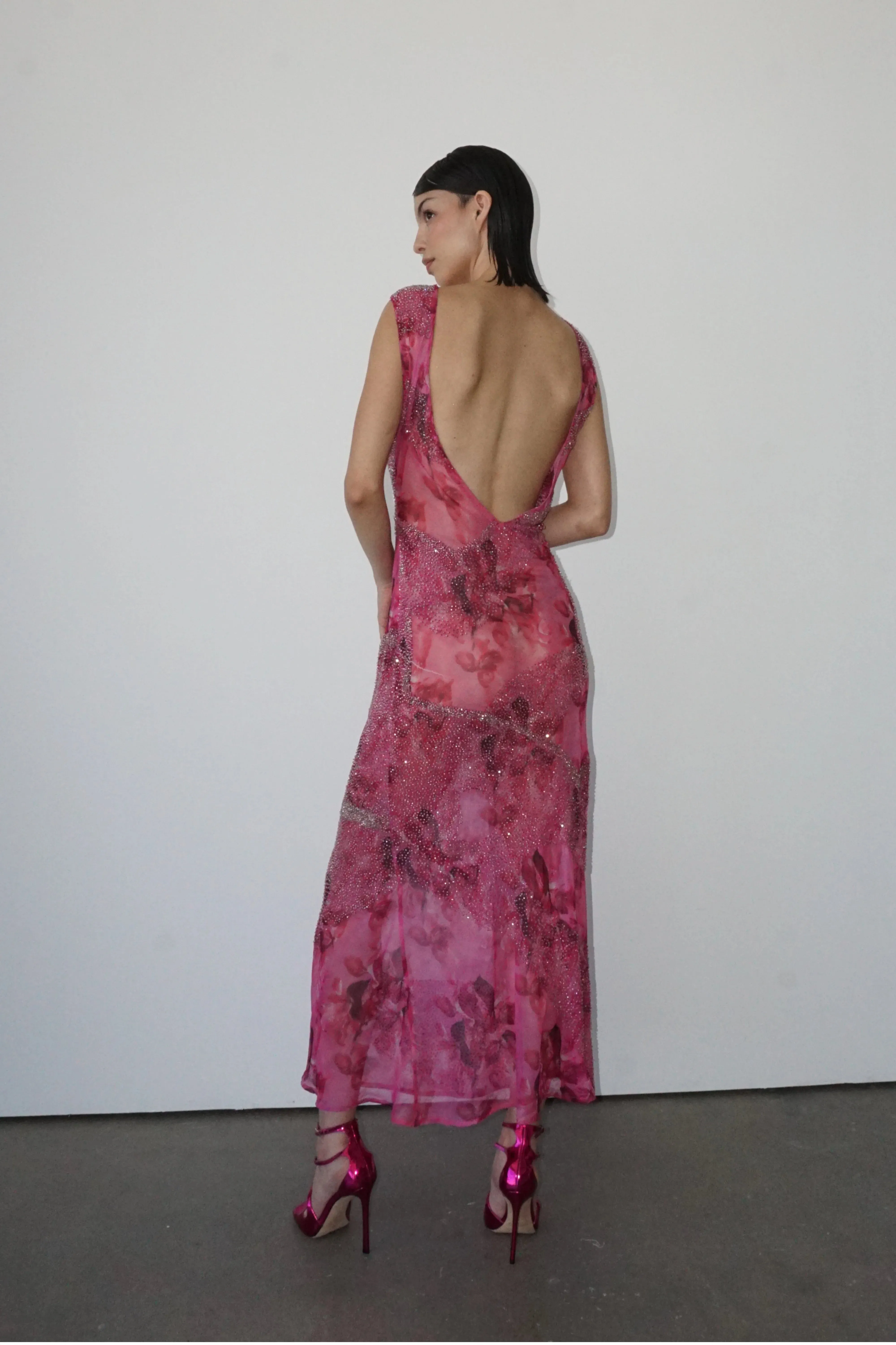 Bea Beaded Printed Chiffon Dress Pink