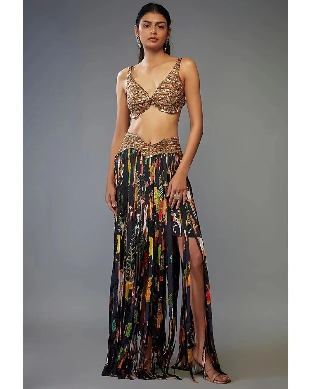 Black Crepe Printed Fringe Skirt Set