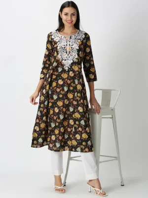Black Floral Printed A-line Kurta with Lucknowi Chikankari Embroidered Neck