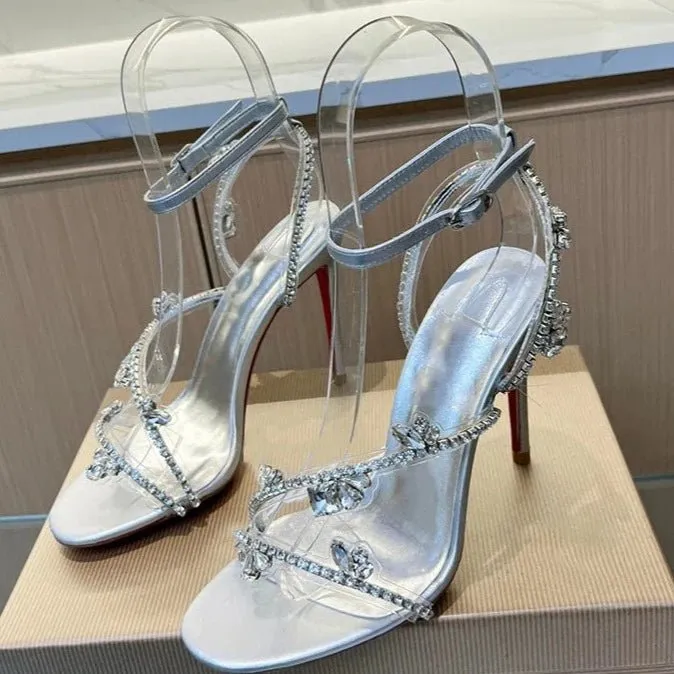 Crystal Decorated Women's High Heels Sandals Ankle Strap Stiletto Open Toe Sexy Shoes