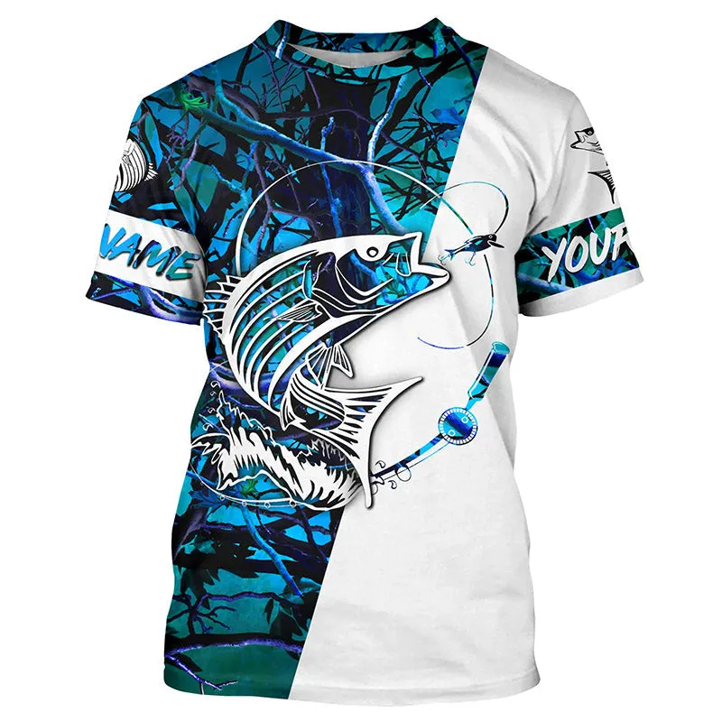 Custom Striped Bass Fishing T Shirts, Striper Bass Shirt Fishing Jerseys | Blue Camo IPHW3952