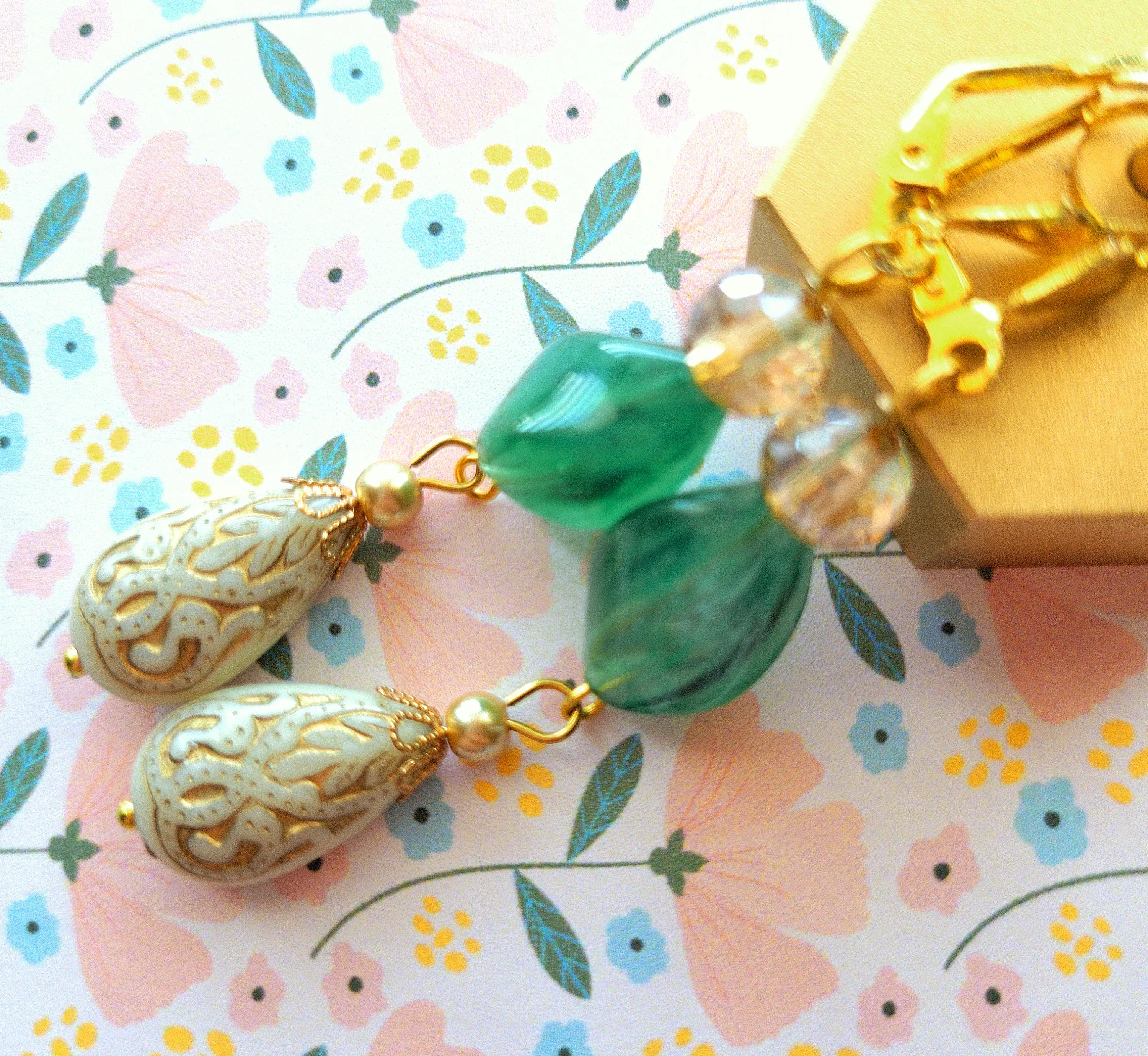 Gold Embossed Teardrop and Crystal Long Boho Dangle Earrings - Ivory and Light Green