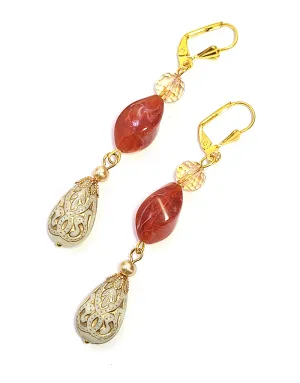 Gold Embossed Teardrop and Crystal Long Boho Dangle Earrings - Ivory and Rust Red