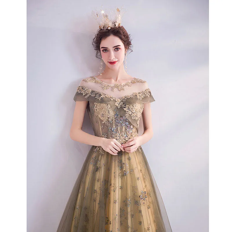 Gold Tulle Cascade Beading Embroidery A-line Ball Gown