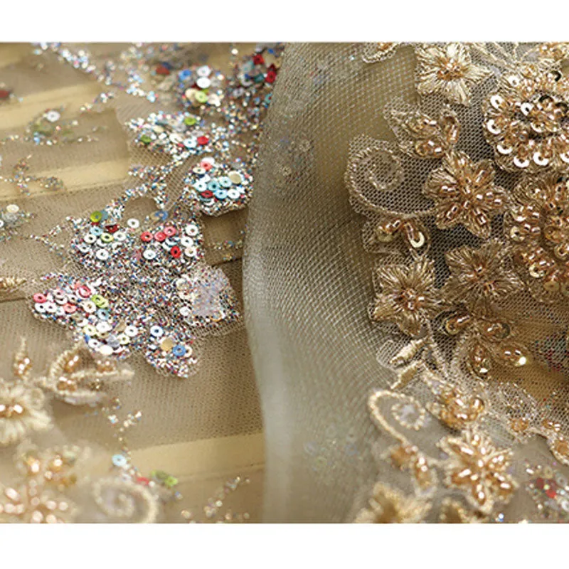 Gold Tulle Cascade Beading Embroidery A-line Ball Gown