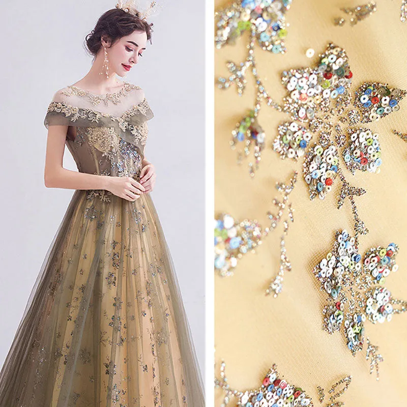 Gold Tulle Cascade Beading Embroidery A-line Ball Gown
