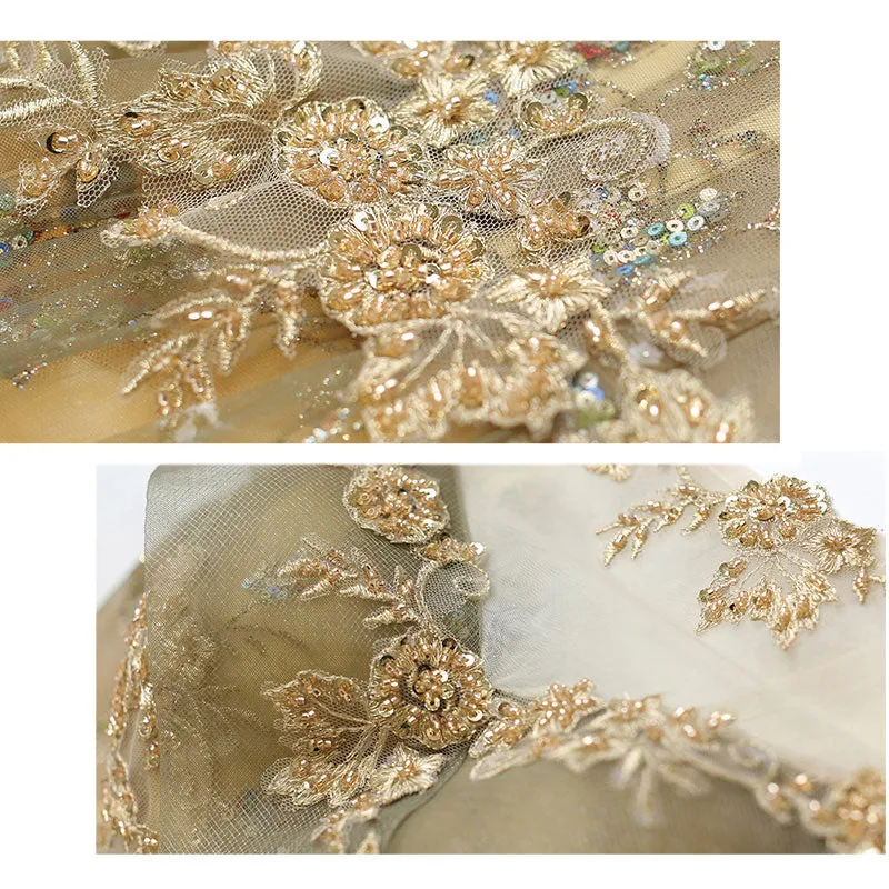Gold Tulle Cascade Beading Embroidery A-line Ball Gown