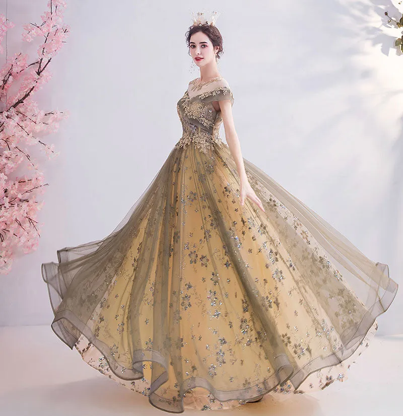 Gold Tulle Cascade Beading Embroidery A-line Ball Gown