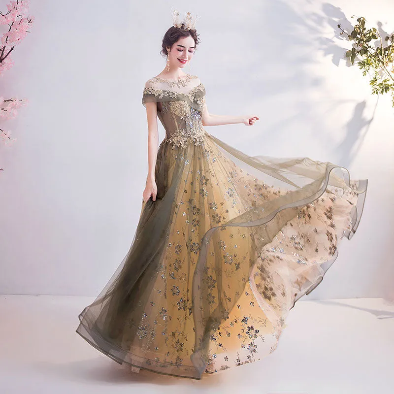 Gold Tulle Cascade Beading Embroidery A-line Ball Gown