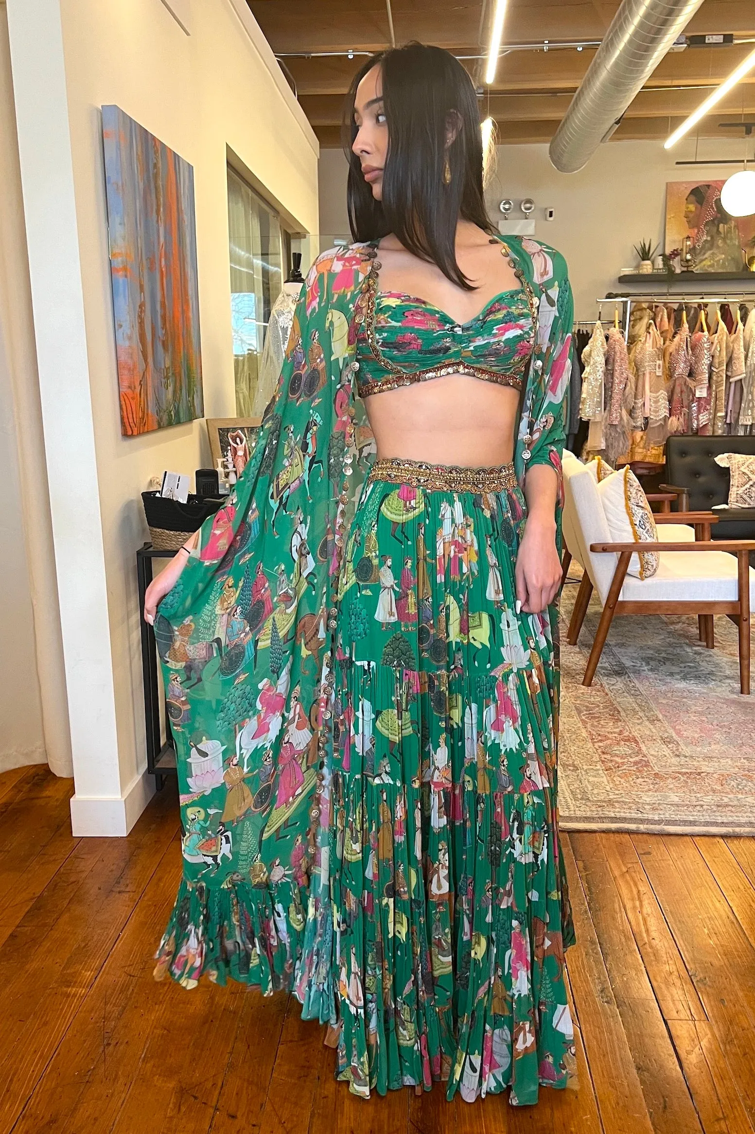 Green Printed Cape Skirt Set