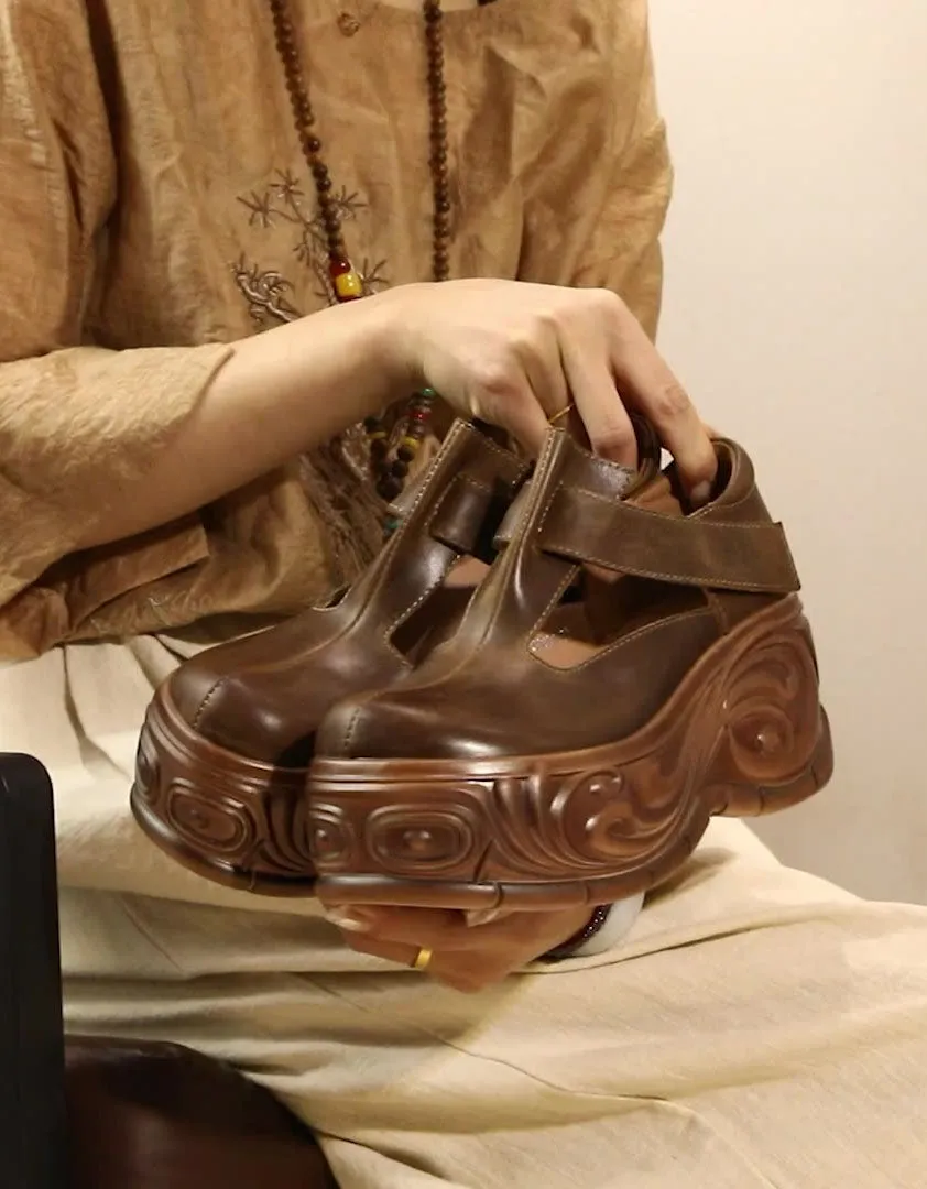 Handmade T-Strap Hollow Platform Sandals