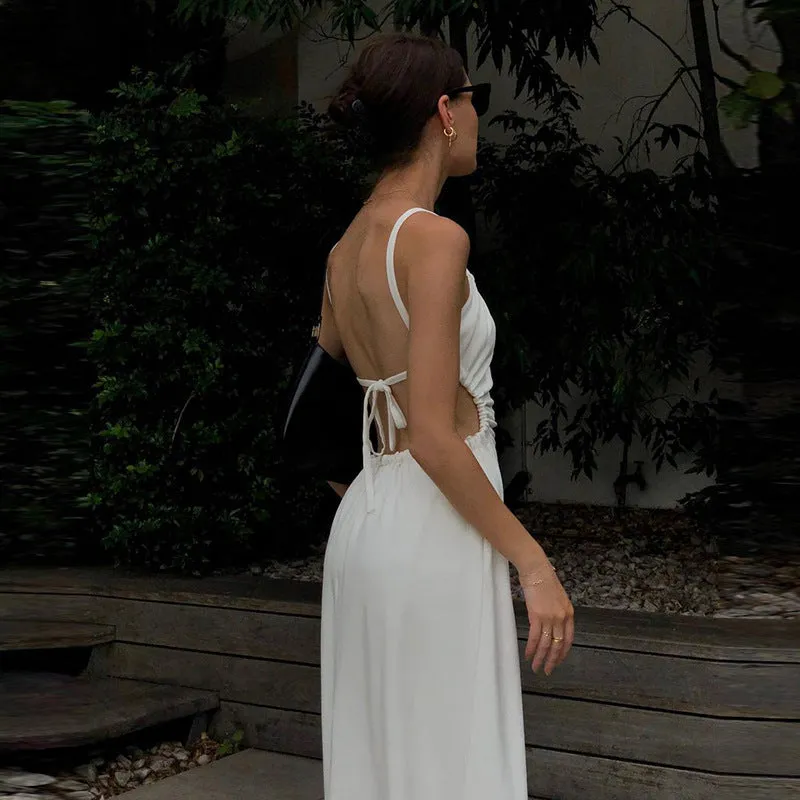 INS 2023 Summer New Women's Dress, Waist Pleated, Open Back, Strappy Dress for Women, Resort Dress  C-240731-L5