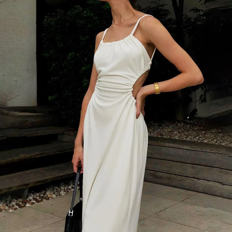 INS 2023 Summer New Women's Dress, Waist Pleated, Open Back, Strappy Dress for Women, Resort Dress  C-240731-L5