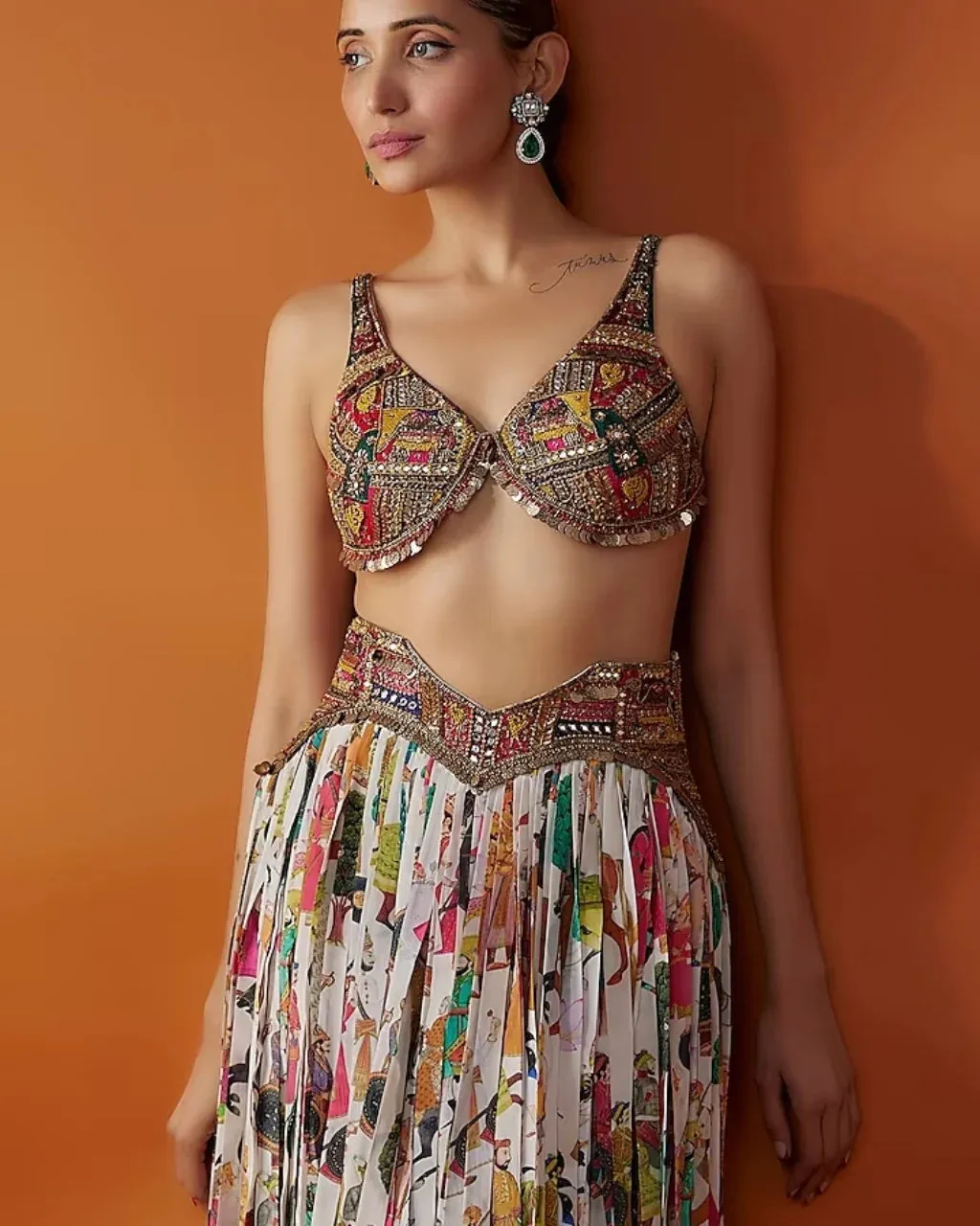 Ivory Crepe Printed Fringe Skirt Set