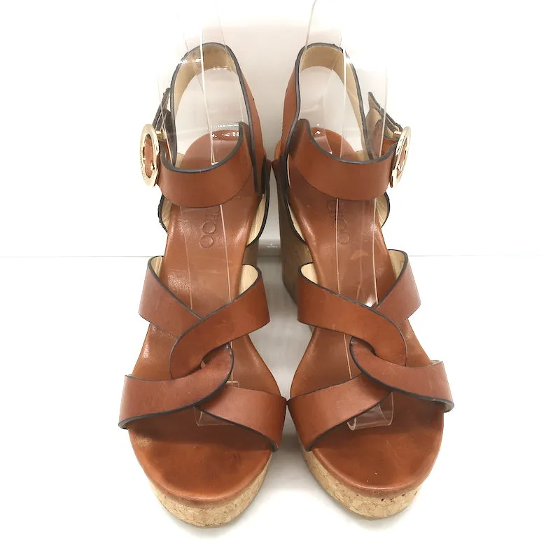 Jimmy Choo Aleili Cork Platform Wedge Sandals Brown Leather Size 36