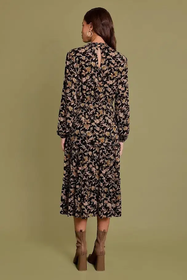 LONG SLEEVE KENICE MOCK NECK DRESS BLACK CAMEL PRINT