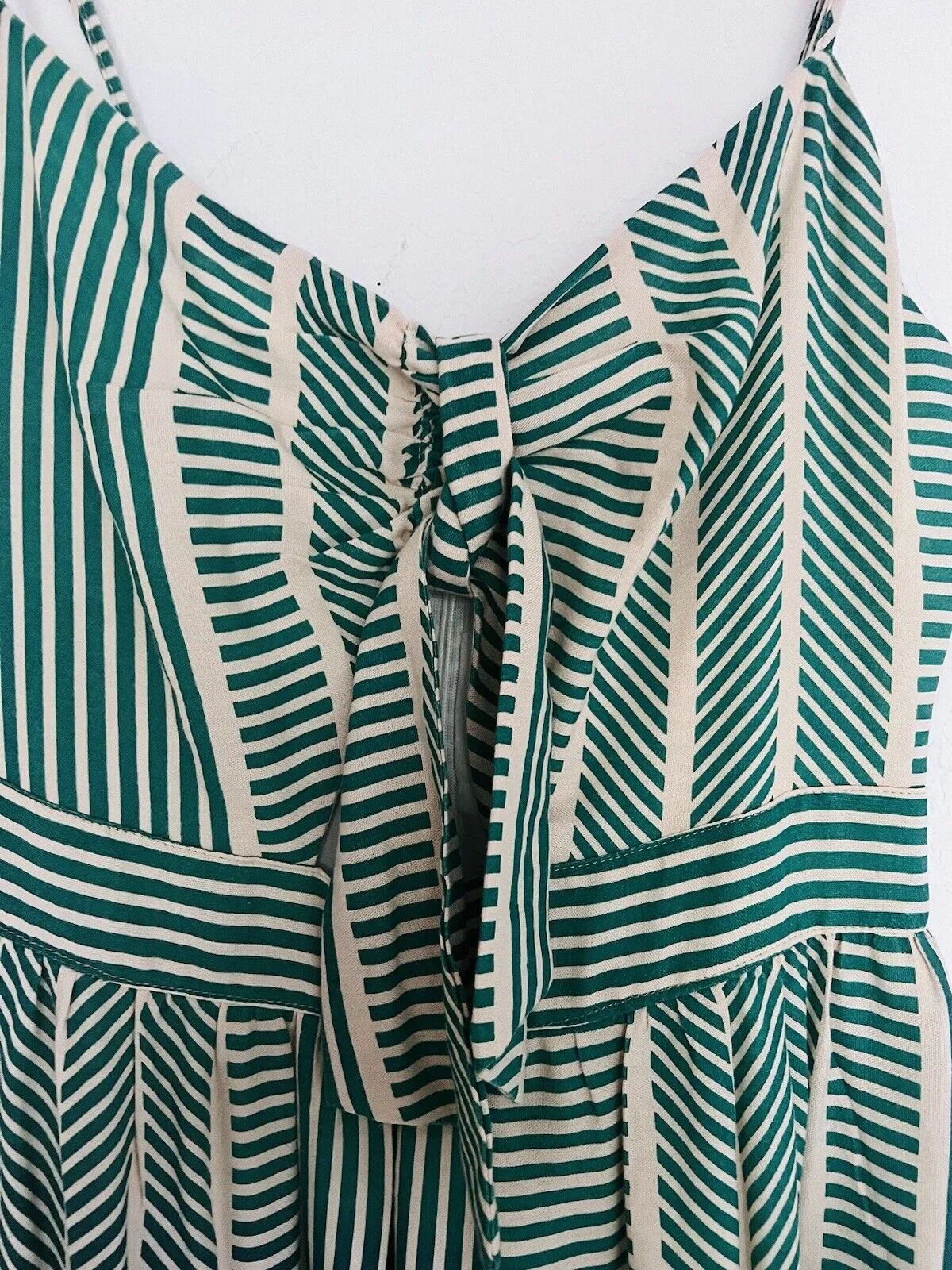 LUSH Womens Green Striped Dress Sz S Tie Front Midi Bow 100% Cotton