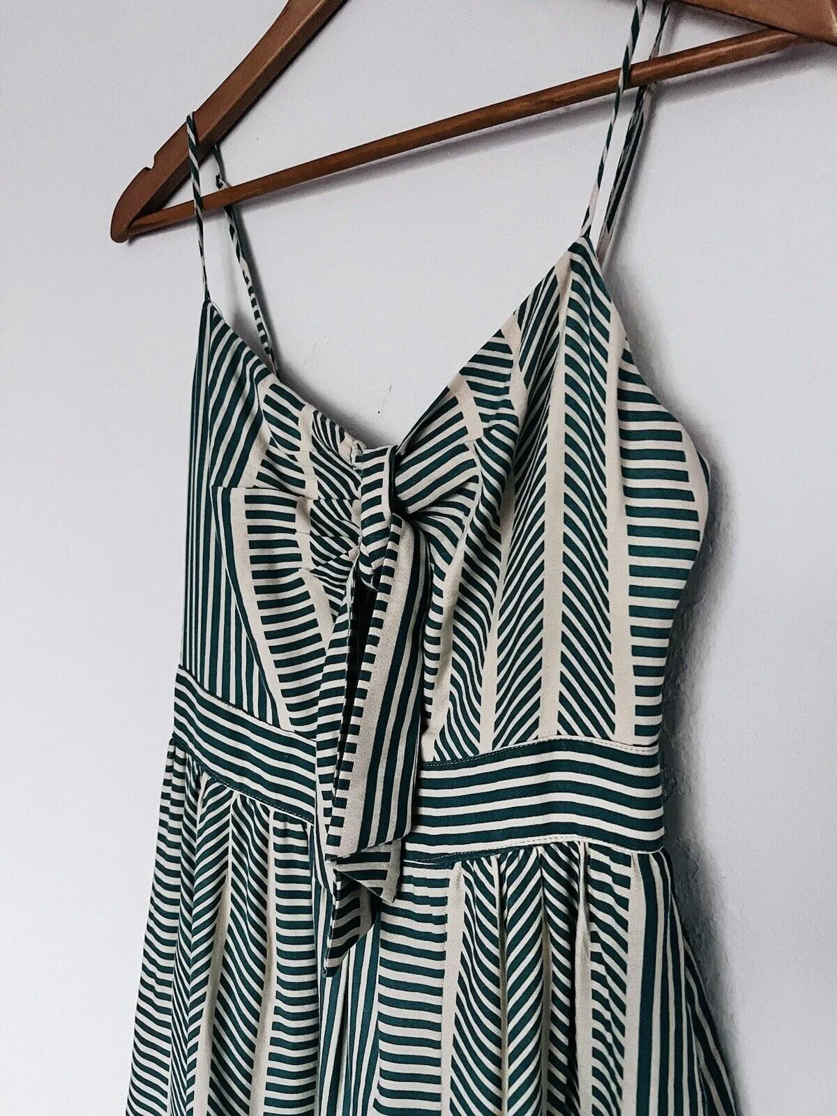 LUSH Womens Green Striped Dress Sz S Tie Front Midi Bow 100% Cotton