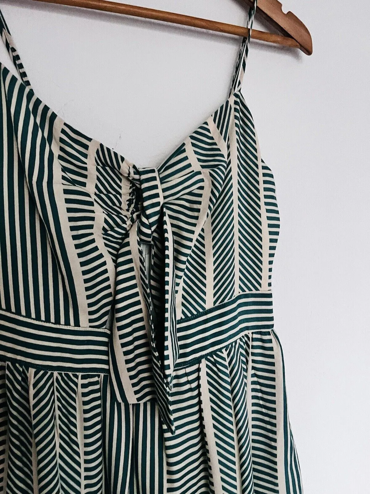 LUSH Womens Green Striped Dress Sz S Tie Front Midi Bow 100% Cotton