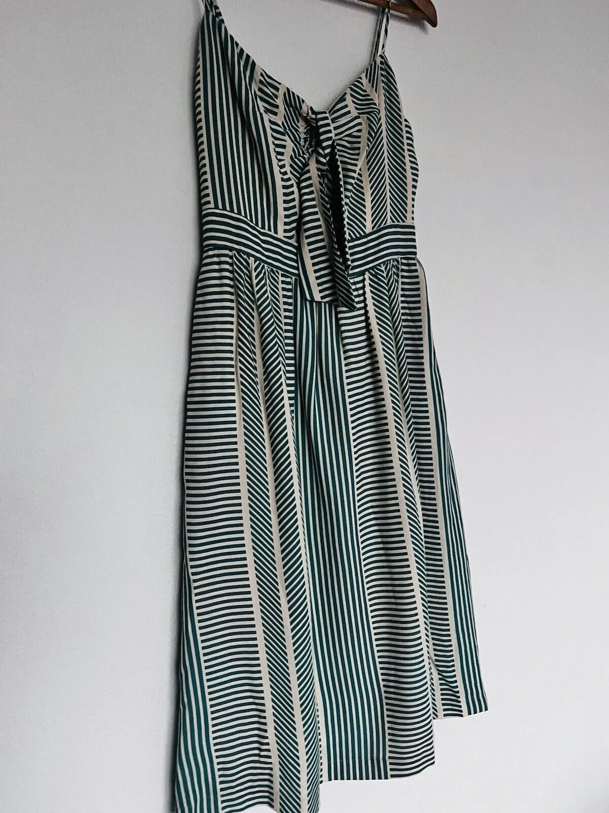 LUSH Womens Green Striped Dress Sz S Tie Front Midi Bow 100% Cotton