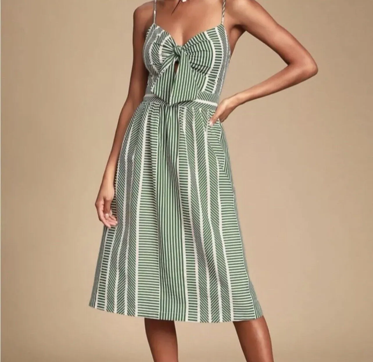 LUSH Womens Green Striped Dress Sz S Tie Front Midi Bow 100% Cotton