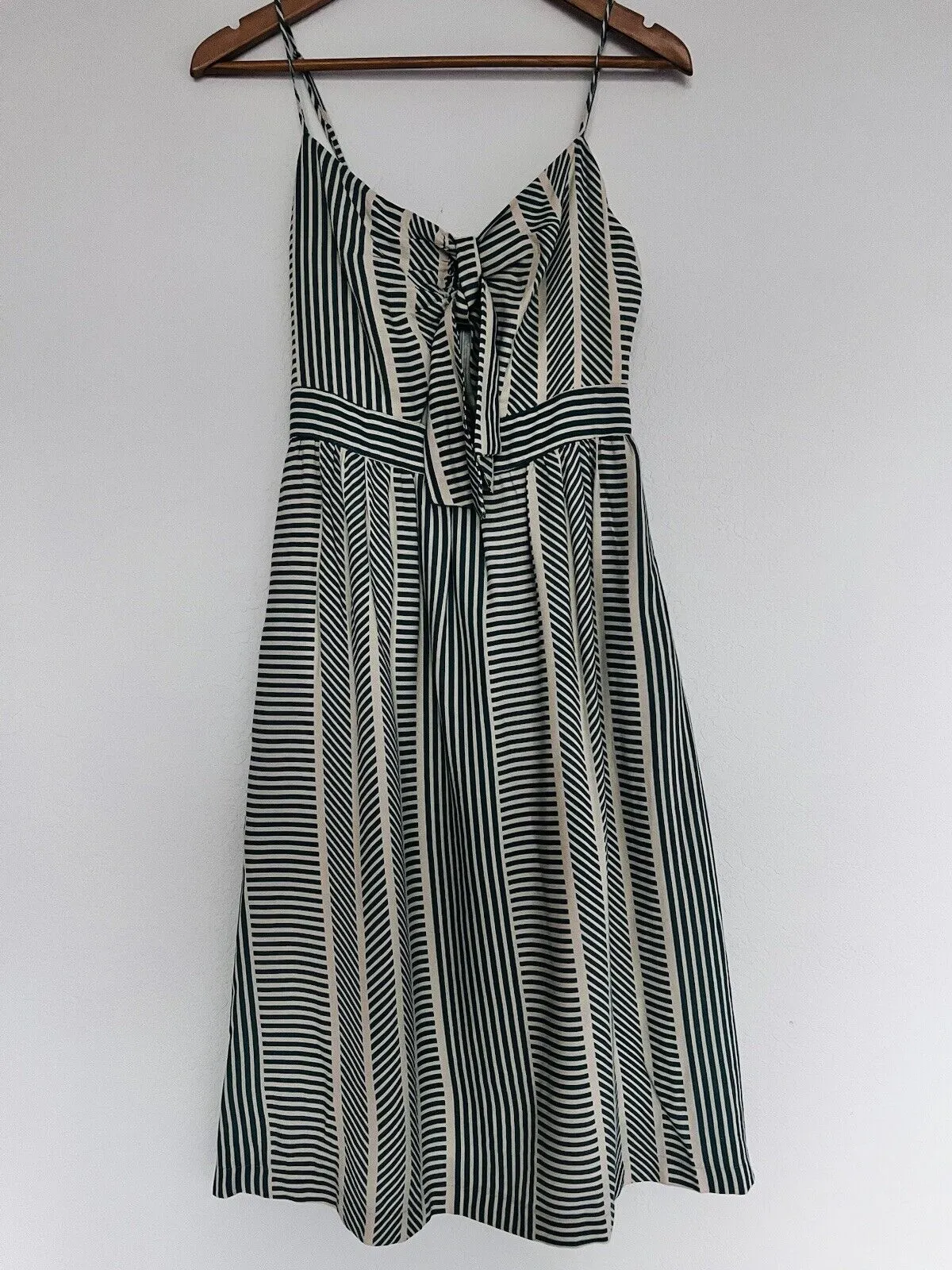 LUSH Womens Green Striped Dress Sz S Tie Front Midi Bow 100% Cotton