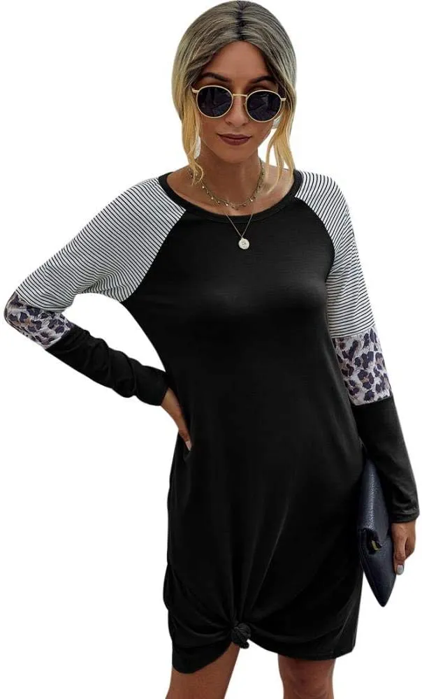 New Womens Yacun Casual Tshirt Long Sleeve Crewneck Stripe Leopard Midi Dress, Black, Sz XL!