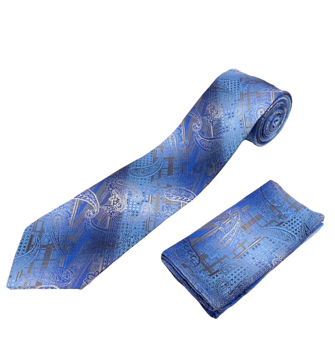 Stacy Adams Tie and Handkerchief - Blue Geometric Paisley T20
