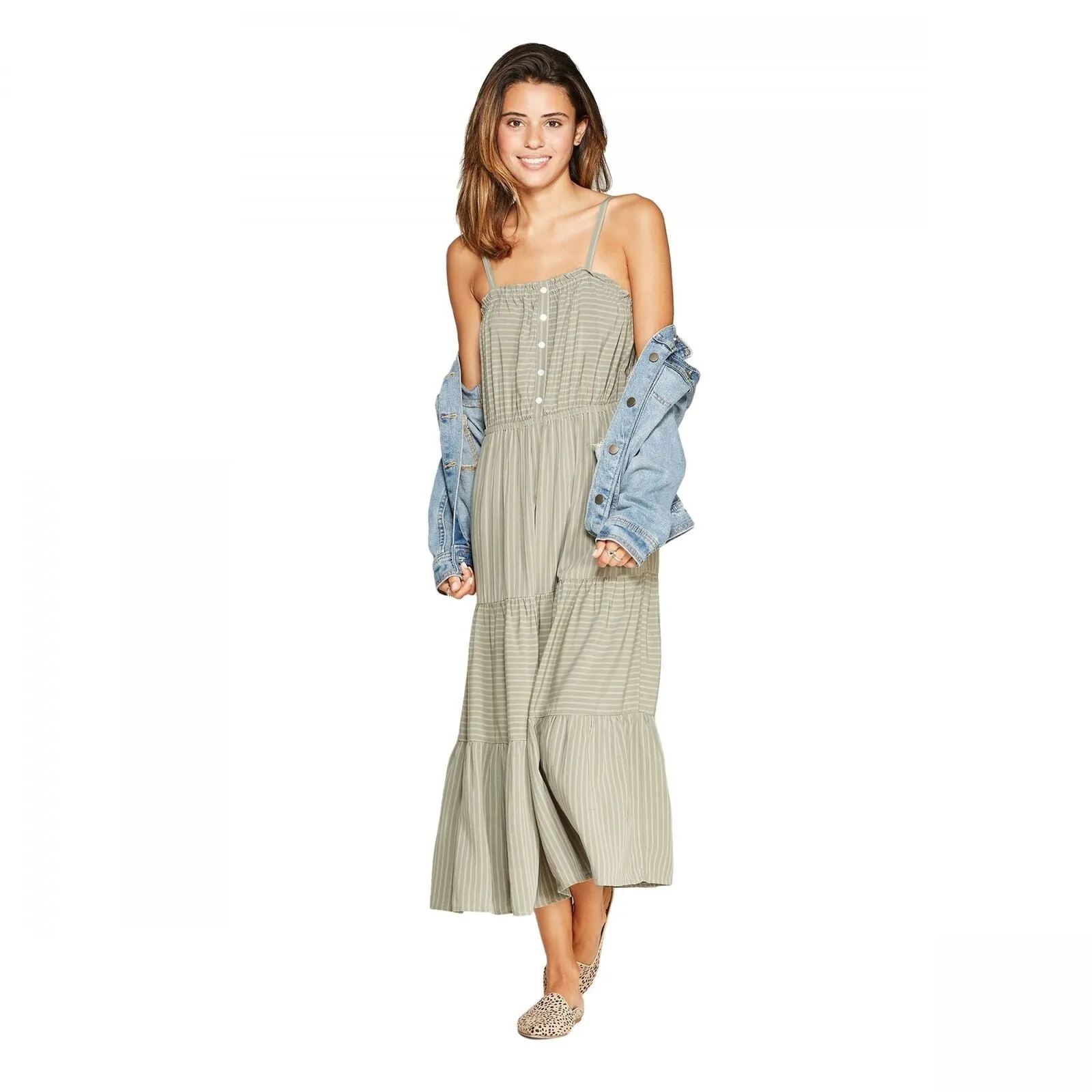 Universal Thread Striped Sleeveless Square Neck Button Front Tier Midi Dress